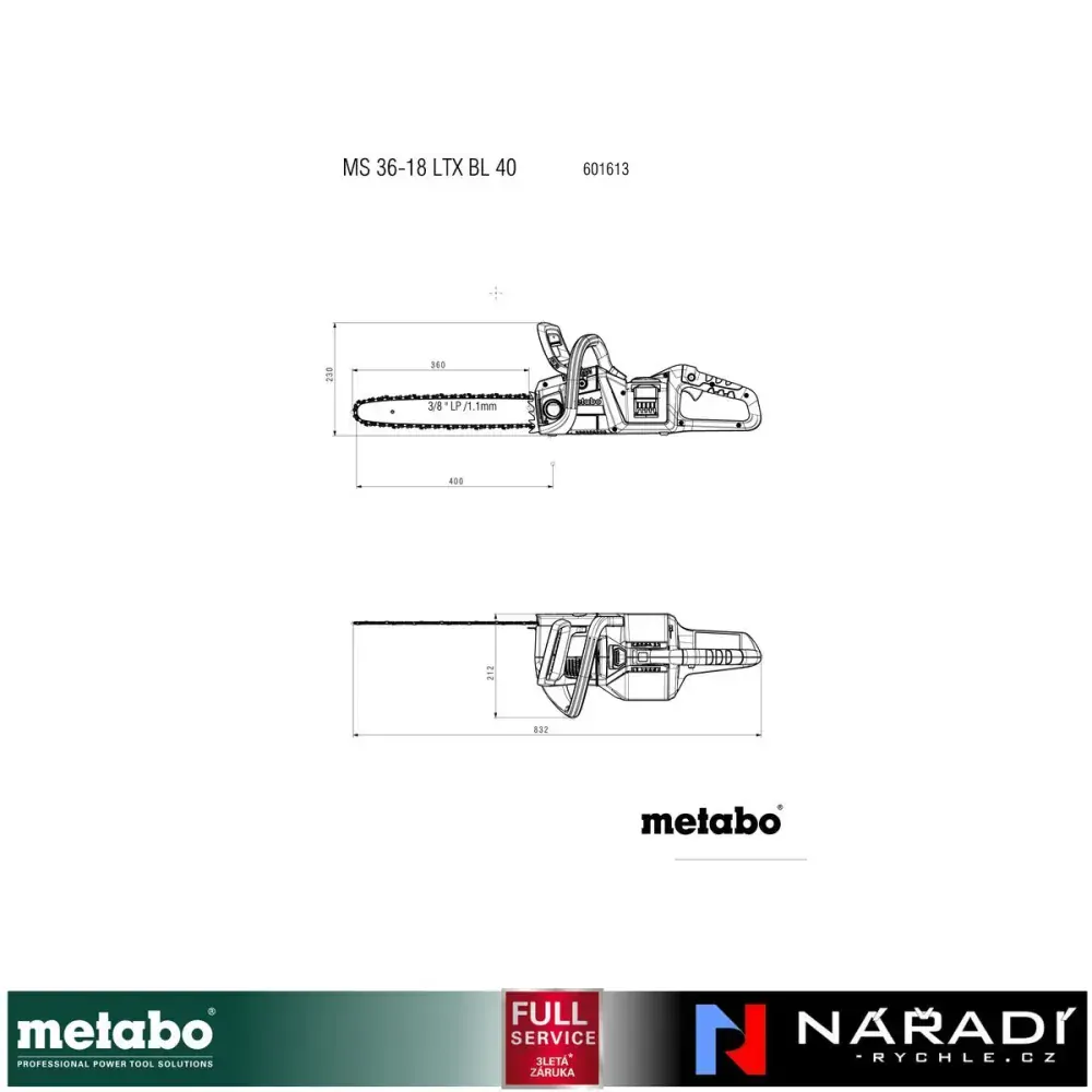 Aku řetězová pila Metabo MS 36-18 LTX BL 40, 2×18V