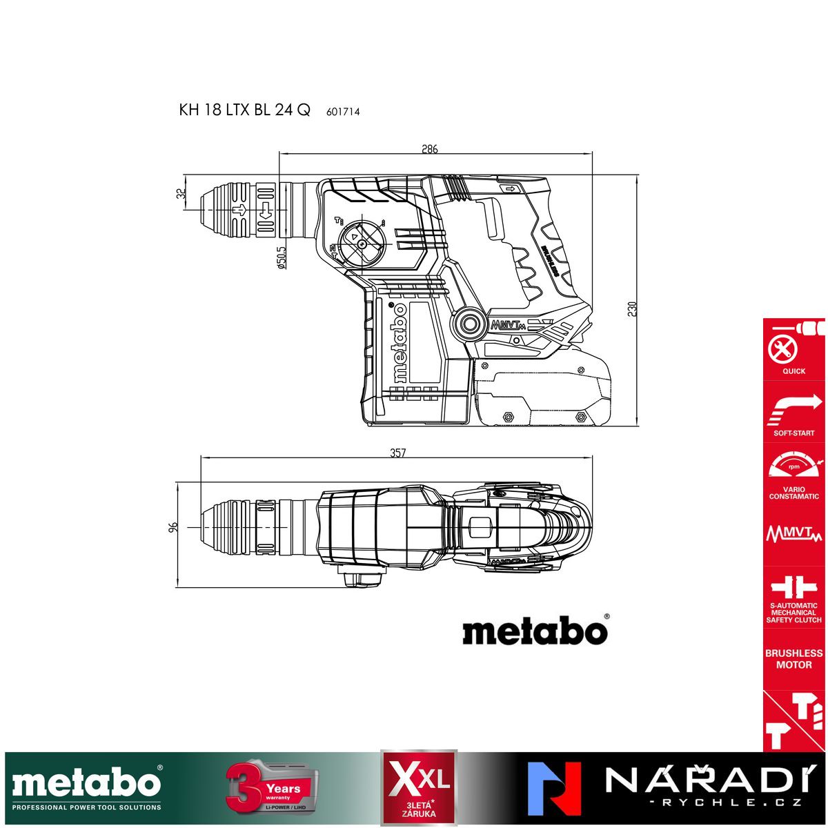 Aku kladivo Metabo KH 18 LTX BL 24 Q, 2×5,5Ah, 18V, metaBOX